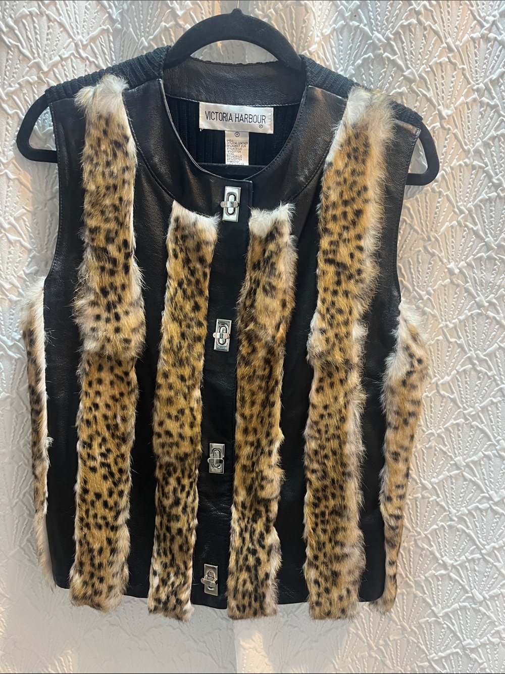 Victoria Harbour Black Leather Vest with Leopard Fur Stripes